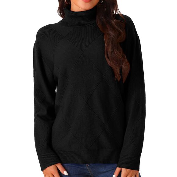 Turtleneck Long Sleeve Knitted Pullover Fall Winter Basic Jumper Top Black - Picture 1 of 5